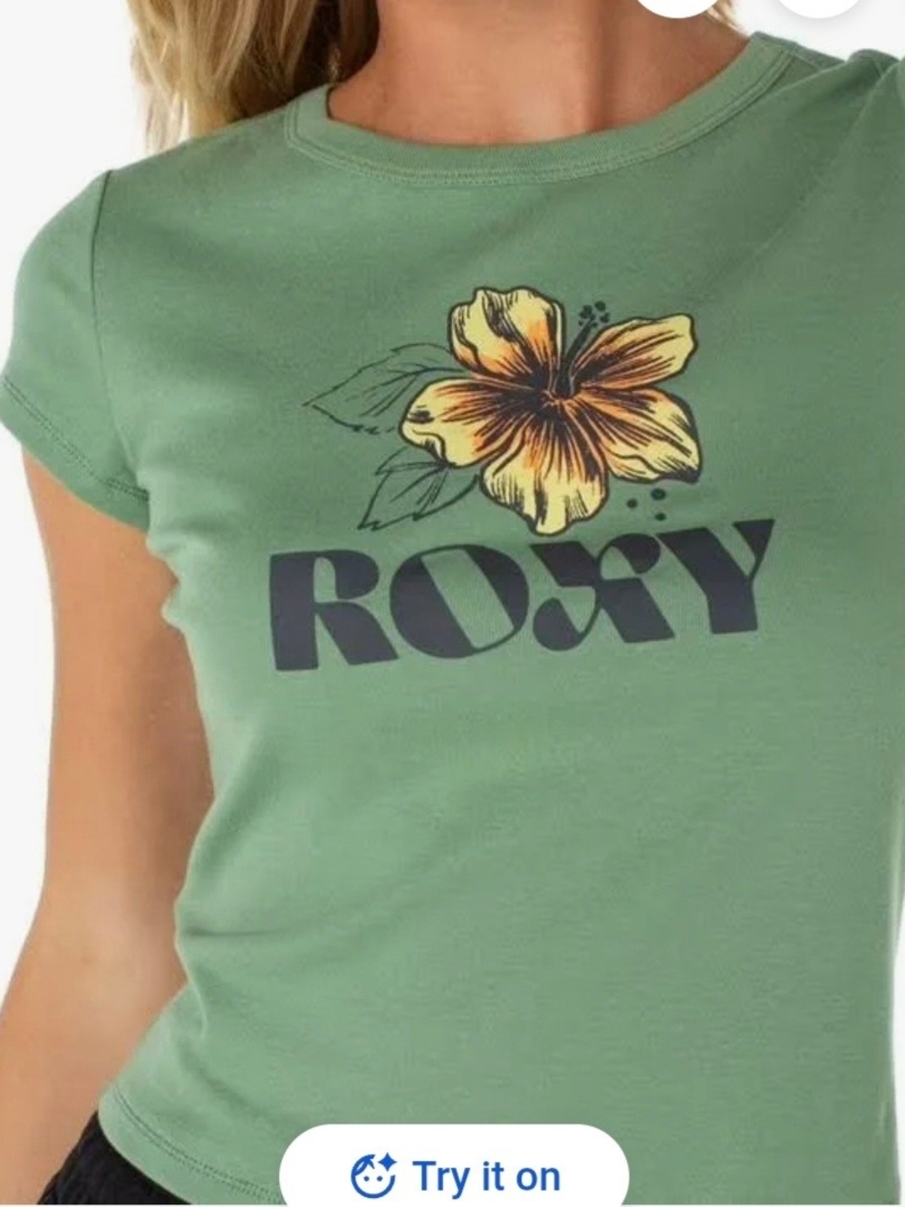 Roxy Green Baby Tee with Yellow Hibiscus